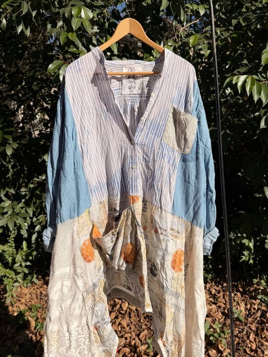 Handmade Patchwork Tunic by Trash Child | Upcycled Denim Boho Art Top One Size - Picture 1 of 3